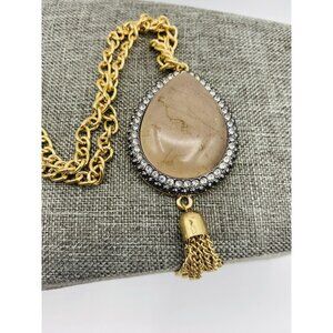 Ballet Brand Gray Teardrop Rhinestone Pendant Goldtone Long Necklace 26”